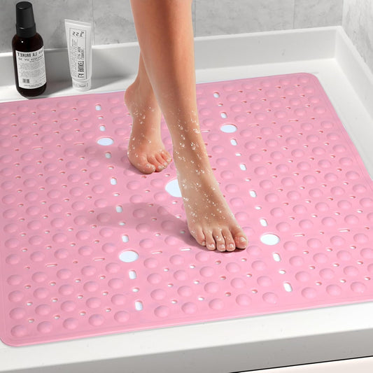 Large Square Shower Mat 27 x 27 Inch Pink, Non Slip Shower Bathtub Mats for Inside Shower with Big Suction Cups Drain Holes, Anti Slip Bathroom Floor Shower Stall Mats, Easy Clean, BPA-Free