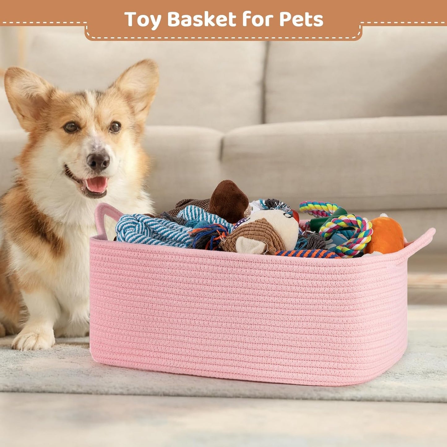 OIASKET Large Empty Gift Baskets for Baby Shower, 16.5" L x 12.6" W x 7" H Cute Woven Storage Basket with Gift Bags and Ribbons, Small Rope Toy Basket with Handles, Cat Dog Pet Toy Organizer - Pink