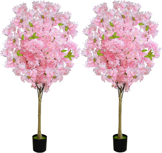 2 Pack Artificial Cherry Blossom Tree,4FT Faux Cherry Blossom Plant in Pot with Pink Flowers,Artificial Silk Plants for Indoor Outdoor Decor,Front,Living Room,Office,Patio