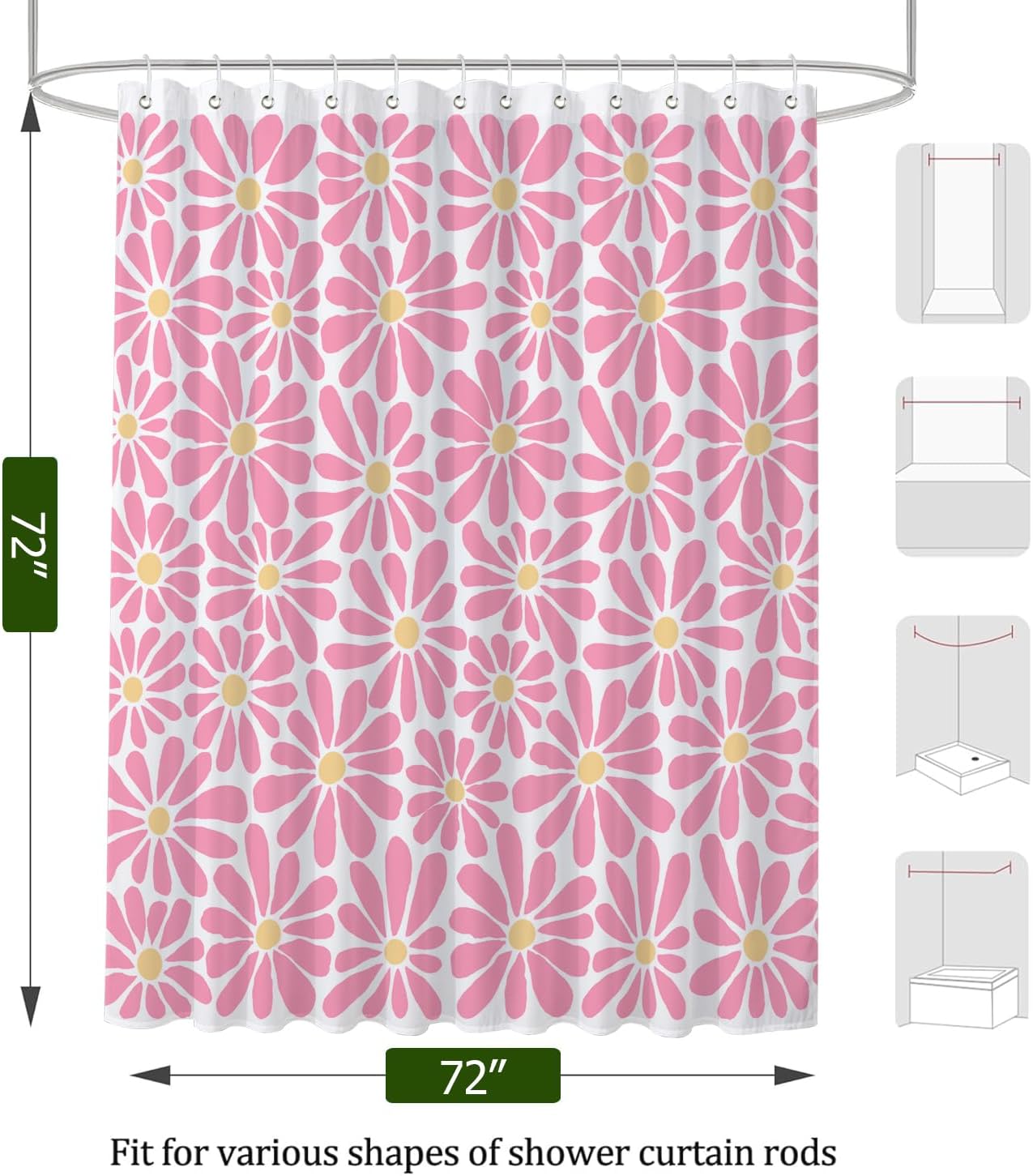 SHIYUE Pink Flower Shower Curtain, Cute Boho Floral Bathroom Decor, 180GSM Heavy Duty Waterproof Washable Fabric, with 12 Hooks 72x72 Inches