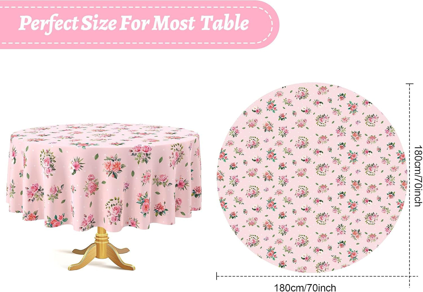 Kinlop 6 Pcs Plastic Round Tea Party Tablecloths 70" Floral Table Cloth Decorative Disposable Outdoor Flower Table Cover Disposable Summer Tabletop for Partys Picnic (Tea Party,Pink)