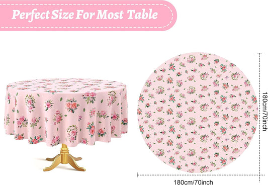 Kinlop 6 Pcs Plastic Round Tea Party Tablecloths 70" Floral Table Cloth Decorative Disposable Outdoor Flower Table Cover Disposable Summer Tabletop for Partys Picnic (Tea Party,Pink)