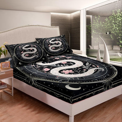 White Snake Bedding Set Twin Size Pink Peach Blossom Bed Set for Girls Teens Bedroom Decor Kids Boho Sun Moon Fitted Sheet Soft Microfiber Mysterious Snake Bed Cover(1 Fitted Sheet+1 Pillow Case)