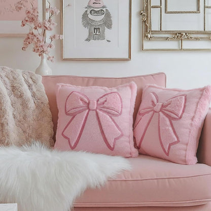 Gilprop Pink Bow Pillow Covers 18x18 Set of 2 Embroidered Coquette Preppy Room Decor Decorative Cute Faux Fur Soft Bowknot Aesthetic Pillow Cover Valentine's Pillowcase for Bed Couch Dormitories Decor