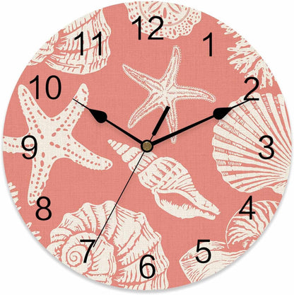 LooPoP Wall Clock Shell Starfish Clocks PVC Silent Non-Ticking Battery Operated Decorative Pink Coastal Coral Conch Round Clock for Home Living Room Kitchen Bedroom Office School Wall Decor 10 Inch