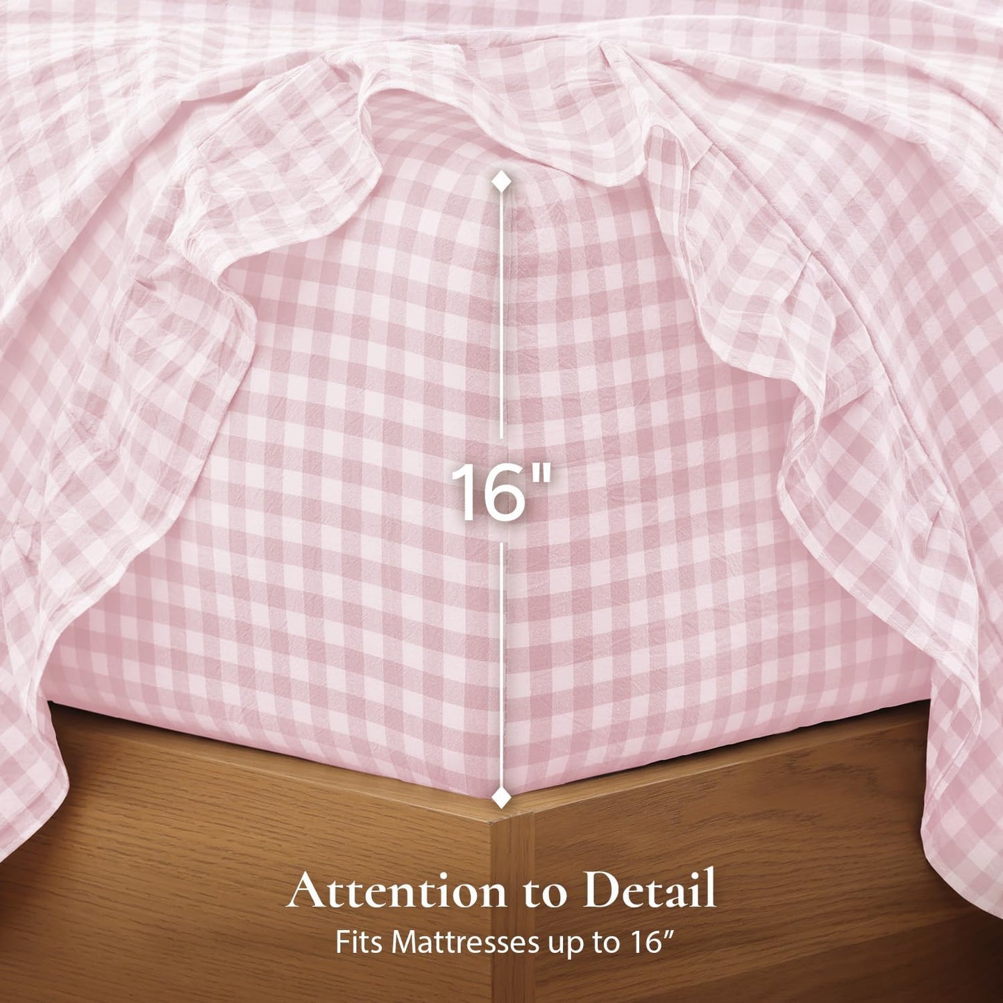 Andency Pink Queen Cotton Gingham Sheets Set, Soft Breathable 100% Washed Cotton Plaid Ruffle Sheet for Queen Size Bed, 4 Pieces Classic Aesthetic Shabby Chic Farmhouse Room Decor Bedding Set
