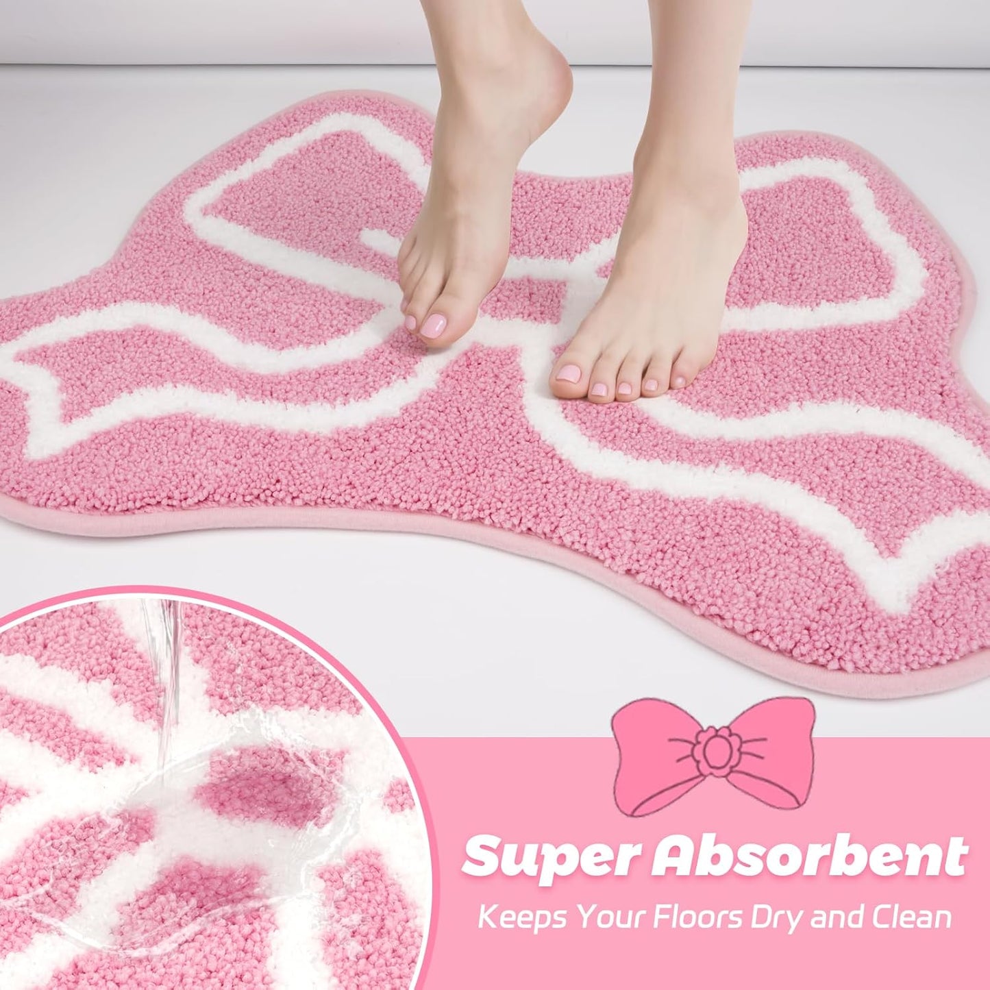 Bathroom Rugs - Pink Bow Bath Rug, Machine Washable Bath Mat, Decorative Pink Carpet for Girls Bedroom, Bathroom & Kids Room (2'1"×1‘4“)