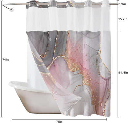 LB No Hook Shower Curtain with Snap in Liner Pink Marble Shower Curtain for Bathroom Abstract Pink and Grey Marble Textured Bathroom Curtains Shower Set, 72x74 inches Shower Curtain and Liner Set