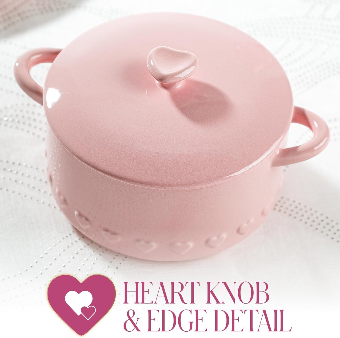 Paris Hilton Iconic Ceramic Stoneware Casserole Dish With Lid, Oven Safe Up To 450°F, Dishwasher & Microwave Safe, 28oz, Pink with Embossed Heart Design