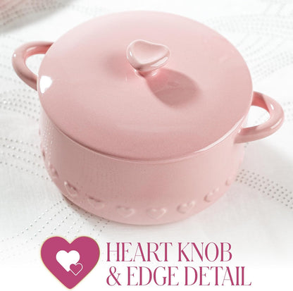 Paris Hilton Iconic Ceramic Stoneware Casserole Dish With Lid, Oven Safe Up To 450°F, Dishwasher & Microwave Safe, 28oz, Pink with Embossed Heart Design