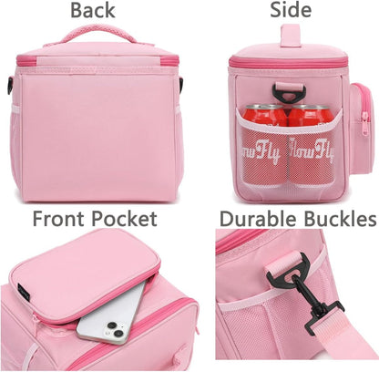 FlowFly Insulated Reusable Lunch Bag Adult Large Lunch Box for Women and Men with Adjustable Shoulder Strap,Front Zipper Pocket and Dual Large Mesh Side Pockets,Pink