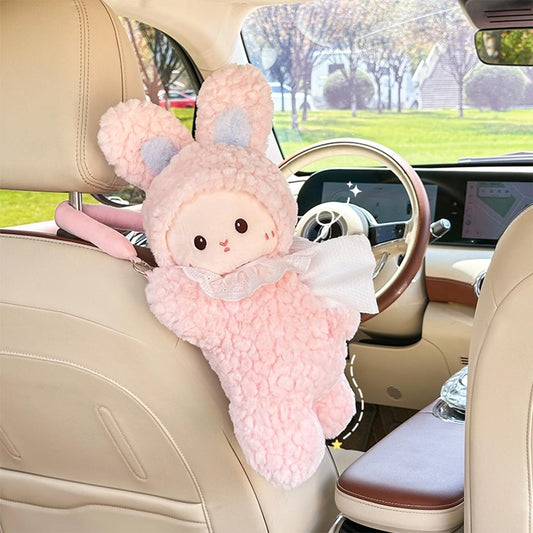 Car Tissue Holder Plush Animal Paper Towel Box Cute Rabbit Hanging Backseat Organizer for Cars Adorable Decorative Tissue Dispenser (Pink Rabbit)