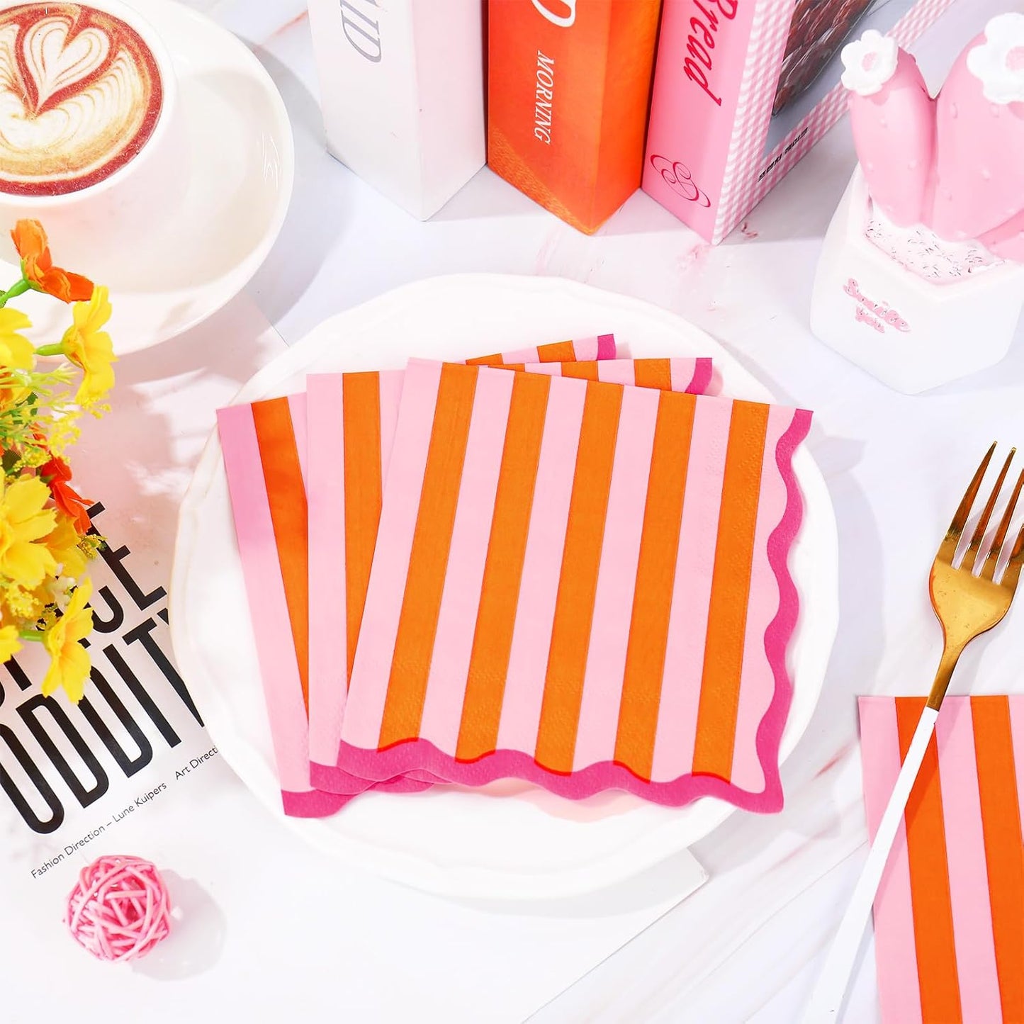 JarThenaAMCS 50 Pcs Pink Orange Cocktail Napkin Disposable Paper Napkin Stripe Scalloped Drink Beverage Napkins for Home Party Table Supplies Decor