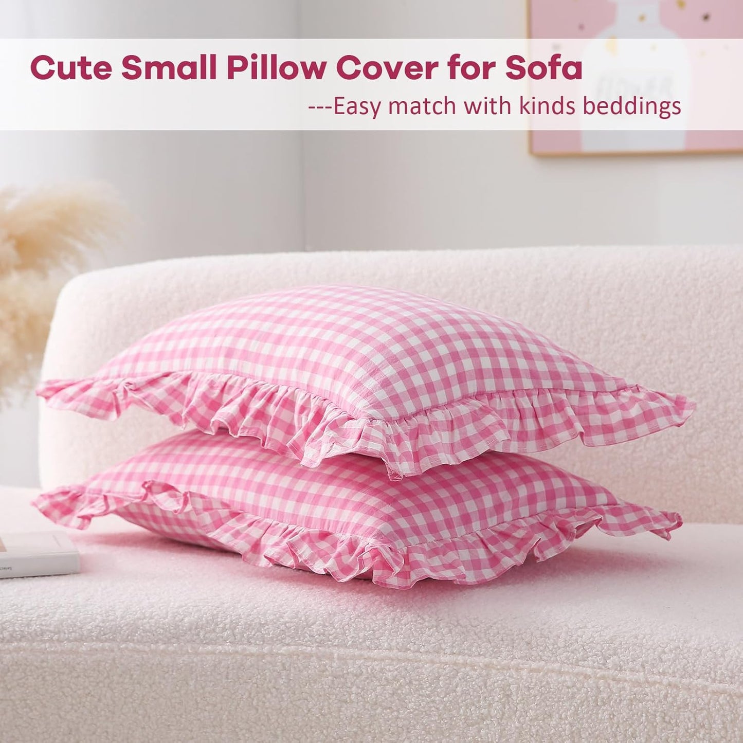 2 Pack Pink White Plaid Ruffle Gingham Throw Lumbar Pillow Shams, 100% Washed Cotton Girly Farmhouse Decorative Checkered Pillow Covers Zipper Closure - 20''x12''