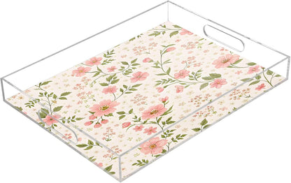Pink Flowers Serving Tray 12" x 16" Acrylic Trays with Handles Decorative Serving Platter for Coffee, Breakfast in Bed, Dinner, Appetizers, Patio, Party