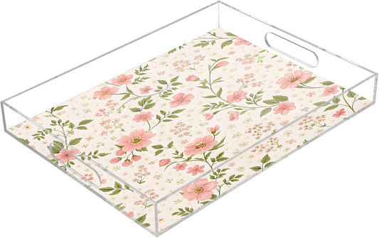 Pink Flowers Serving Tray 12" x 16" Acrylic Trays with Handles Decorative Serving Platter for Coffee, Breakfast in Bed, Dinner, Appetizers, Patio, Party