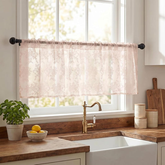 Emvency 4 Pack Valances for Windows, Pink Lace Romantic Elegant Light Filtering Semi Sheer Floral Drapes Curtain for Bedroom Living Room Kitchen Over Sink, 52x18 Inch Rod Pocket Valances