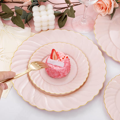 YOUBET 125Pcs Pink Plastic Plates with Gold Rim - Scalloped Plastic Plates Set Includes 25 Dinner, 25 Dessert Plate, 75 Gold Silverware for 25 Guests for Wedding Birthday Baby Shower