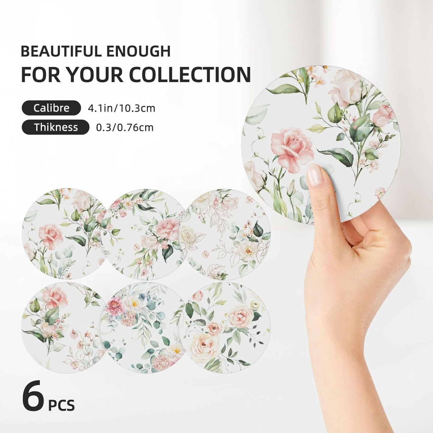 Coasters for Drinks Absorbent with Holder,Pink Roses Flowers Floral Green Leaf,Sets of 6 Durable Ceramic Cup Coaster for Coffee Table with Cork Base,Great Housewarming Birthday Gifts,Home Office Decor
