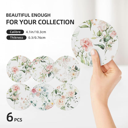 Coasters for Drinks Absorbent with Holder,Pink Roses Flowers Floral Green Leaf,Sets of 6 Durable Ceramic Cup Coaster for Coffee Table with Cork Base,Great Housewarming Birthday Gifts,Home Office Decor