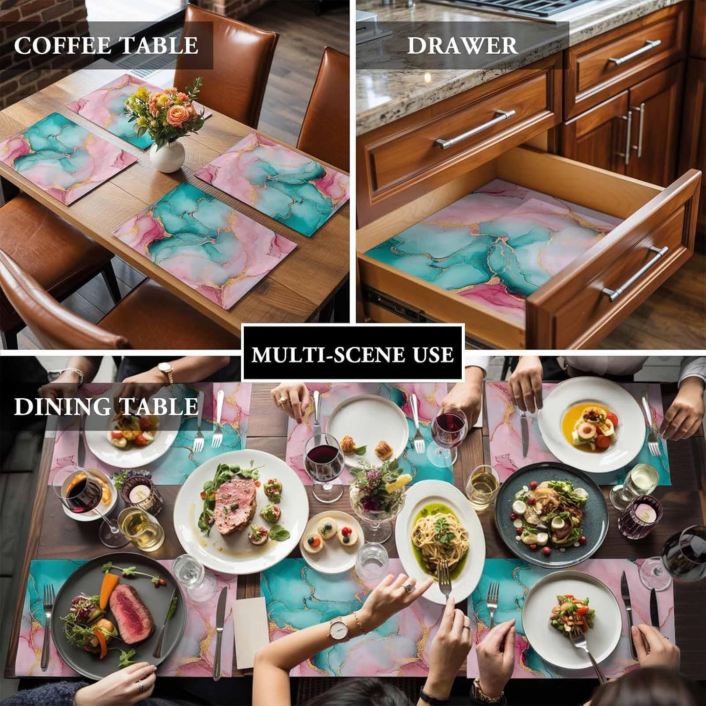 Water Pink Marble Placemat Set of 4 Non-Slip Placemats for Dining Table Abstract Art Washable Table Mats, Heat Resistant Kitchen Table Mats for Party, Dining Room & Home Decor