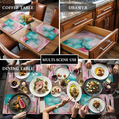 Water Pink Marble Placemat Set of 4 Non-Slip Placemats for Dining Table Abstract Art Washable Table Mats, Heat Resistant Kitchen Table Mats for Party, Dining Room & Home Decor