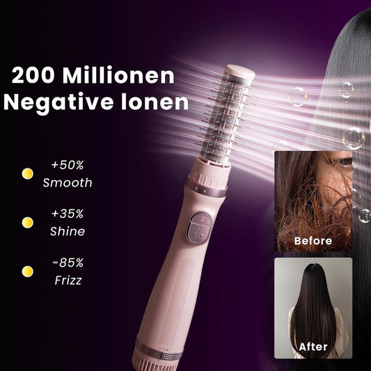Blow Dryer Brush, 3-in-1 Rotating Hair Dryer Brush with 3 Heads for Drying Styling Volumizing Curling Sleeking in One Step for Long Hair, 3 Temperatures, Negative Ionen, Ceramic Coating, Pink