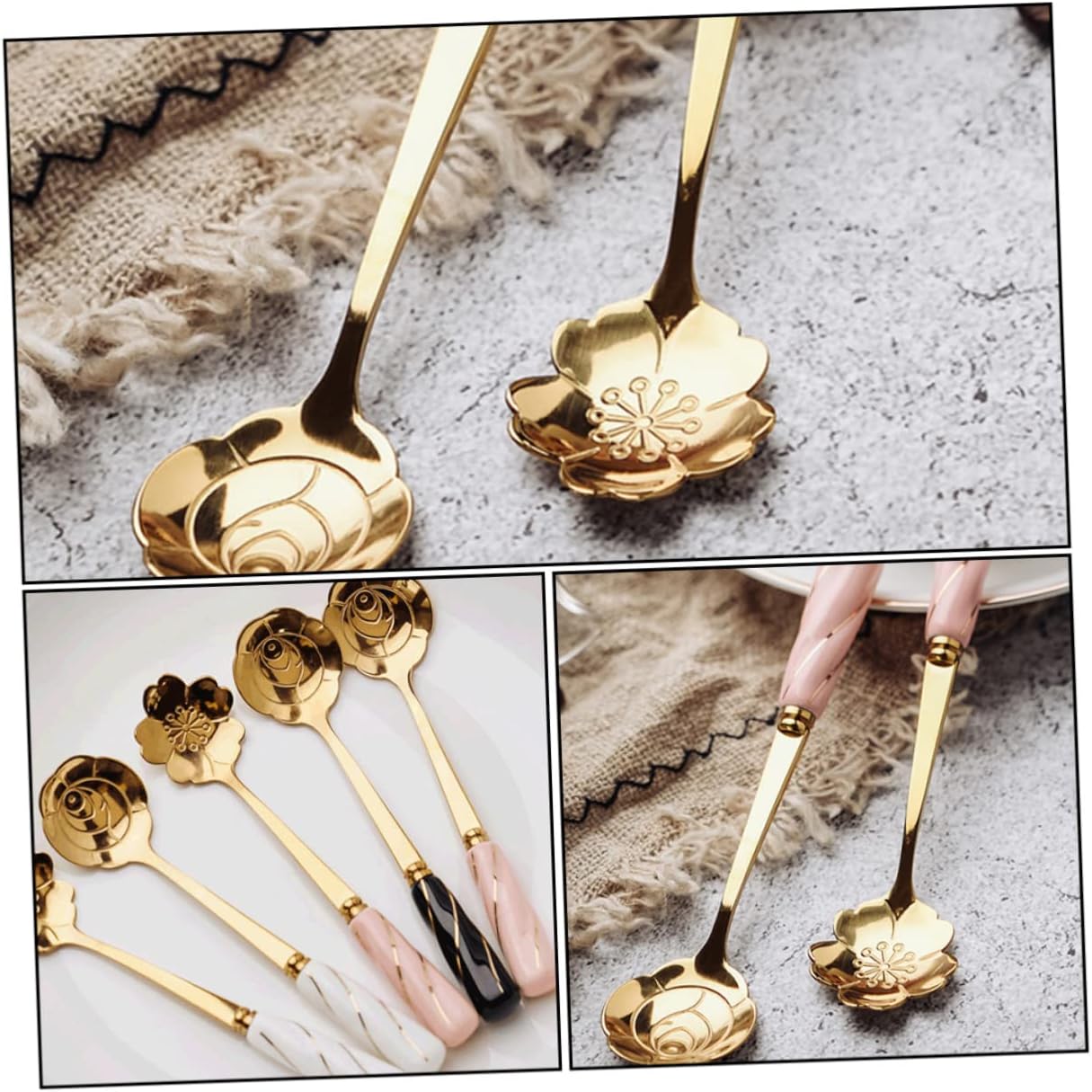 Mobestech 4pcs Dessert Spoons with Elegant Flower Ceramic Handles Creative Mixing and Cake Serving Utensils Stylish Pink Gold Design Practical for Coffee Tea and Beverages