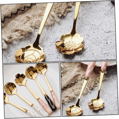 Mobestech 4pcs Dessert Spoons with Elegant Flower Ceramic Handles Creative Mixing and Cake Serving Utensils Stylish Pink Gold Design Practical for Coffee Tea and Beverages