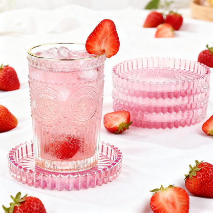 5 Pack Clear Glass Coaster for Drinks, Crystal Coasters Round Cup Coaster with Beads Edge, Coffee Table Decor for Restaurant bar Kitchen Dining Table (Pink)
