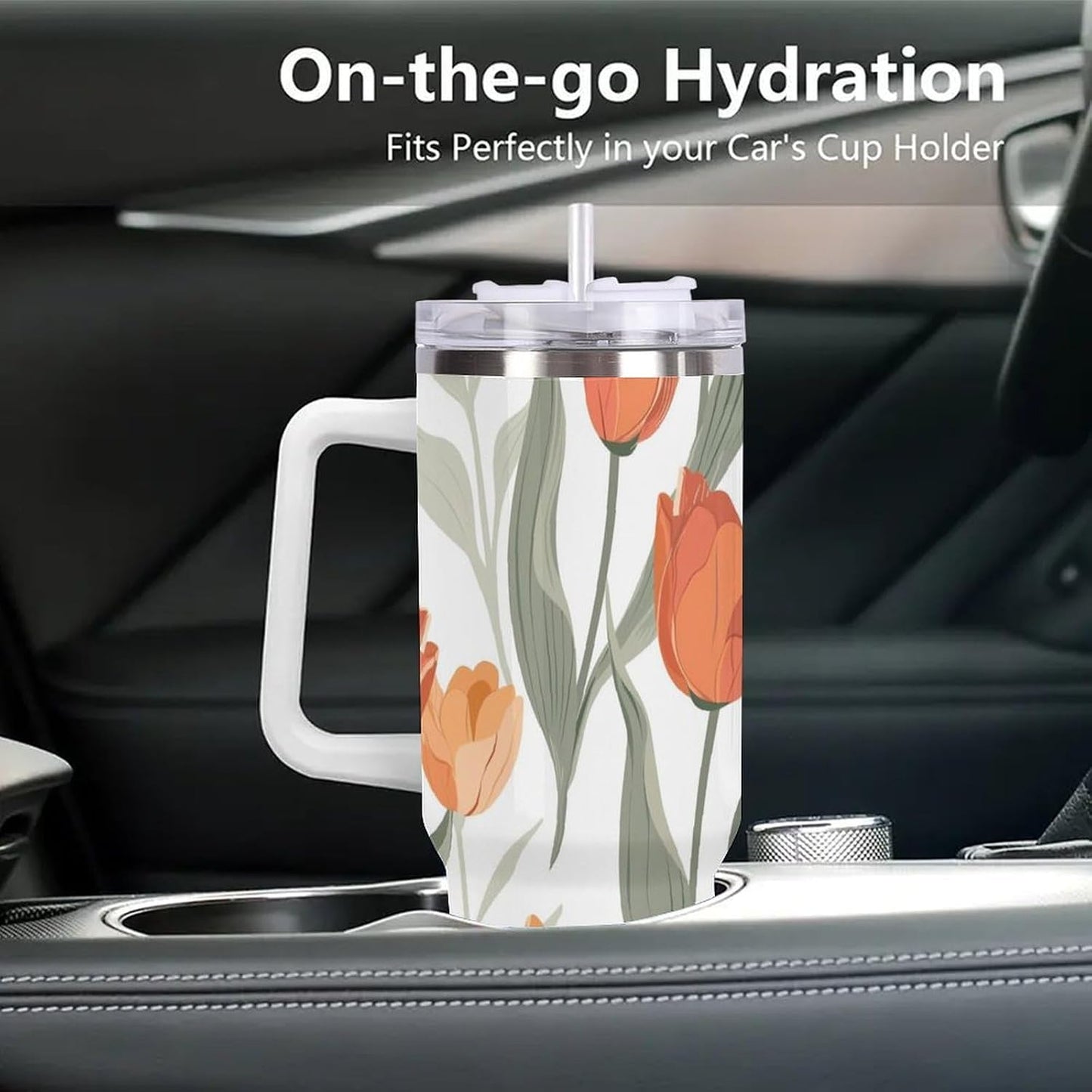 40oz Tumbler with Handle, Peach Orange Tulip Leaf Pattern Printed Stainless Steel Travel Mug, Insulated Car Cup with Straw, Keeps Drinks Hot & Cold, Personalized Gift for Women & Men
