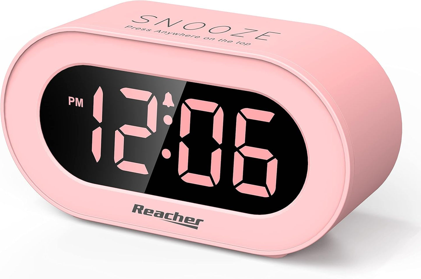 REACHER Pink Girls Alarm Clock for Kids Bedroom, Dimmable LED Digital Display, Outlet Powered, Adjustable Volume, Simple to Use, Snooze, Small Size for Bedside, Desk, Toddler