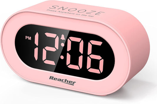 REACHER Pink Girls Alarm Clock for Kids Bedroom, Dimmable LED Digital Display, Outlet Powered, Adjustable Volume, Simple to Use, Snooze, Small Size for Bedside, Desk, Toddler