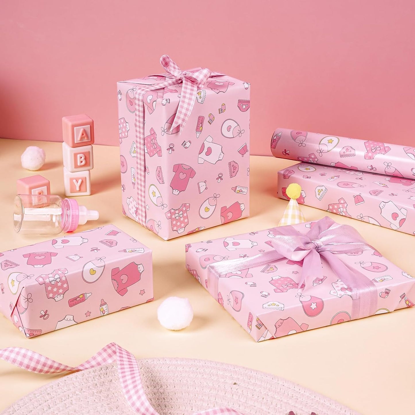 WRAPAHOLIC Pink Baby Shower Wrapping Paper - Mini Roll - 17 Inch x 16.5 Feet - Baby Girl Pink Wrapping Paper with Snapsuit and Bottle Design for Gender Reveal Party, Girls Birthday