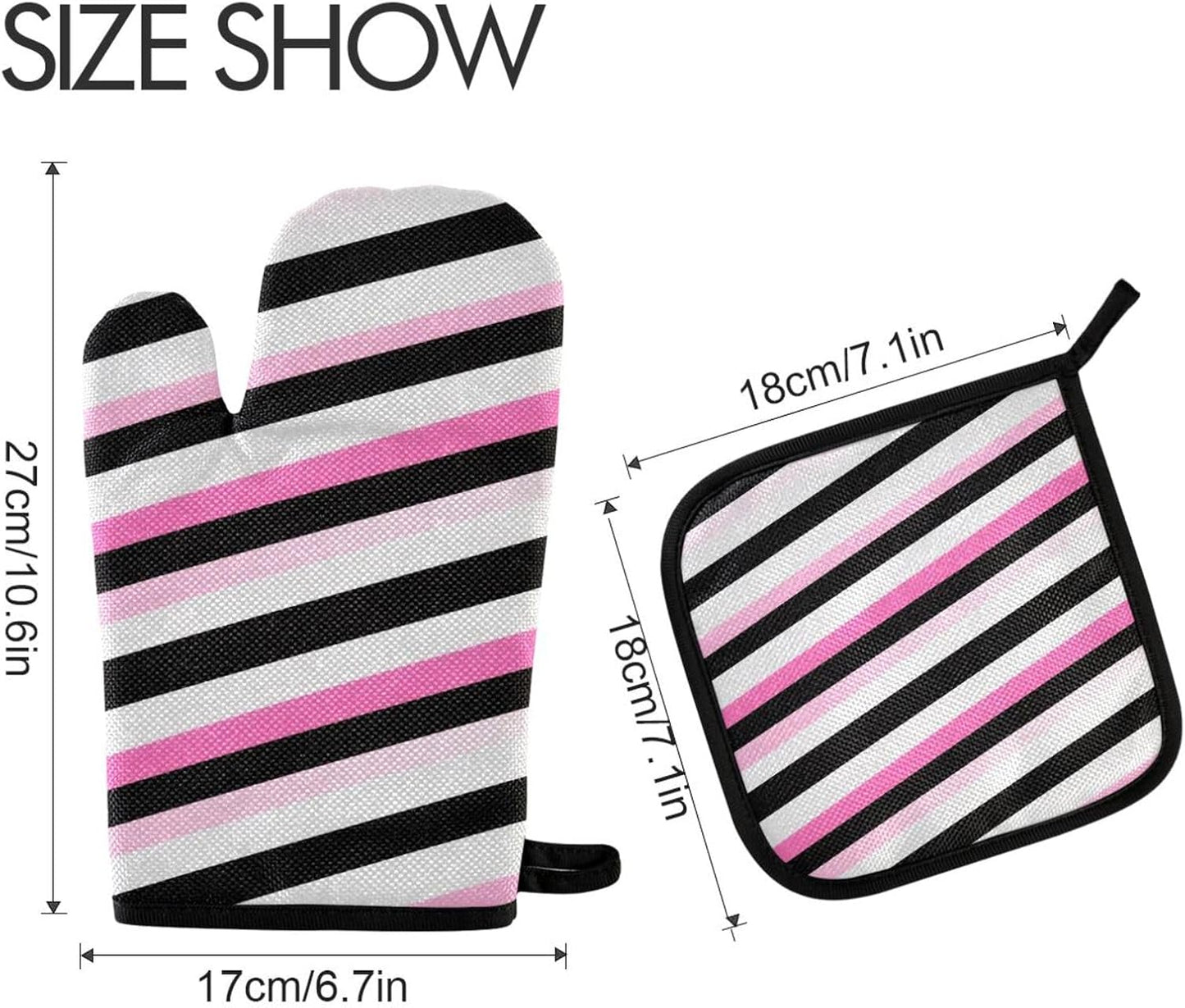 Black Pink and White Stripes Oven Mitts and Pot Holders Set for Cooking Baking Kitchen Decor