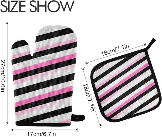 Black Pink and White Stripes Oven Mitts and Pot Holders Set for Cooking Baking Kitchen Decor