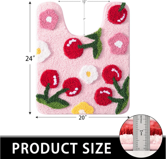 Anybar Pink Cherry Toilet Rug & Mat U-Shaped 20"x24" - Soft Microfiber Contour Bath Rug Absorbent Non-Slip Bathroom Toilet Rugs Plush Bathroom Mat for Toilet Base Machine Washable Shaggy Bath Decor