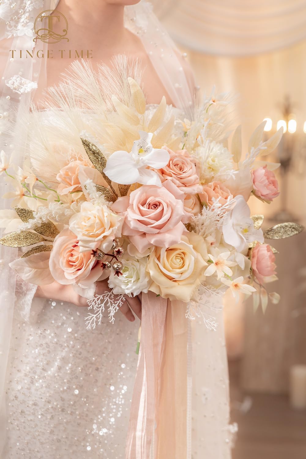 TINGE TIME 13 Inch Artificial Flower Wedding Bouquets for Bride, Cascading Bridal Bouquet for Wedding Bouquet for Wedding Ceremony and Anniversary(Champagne&Pink)