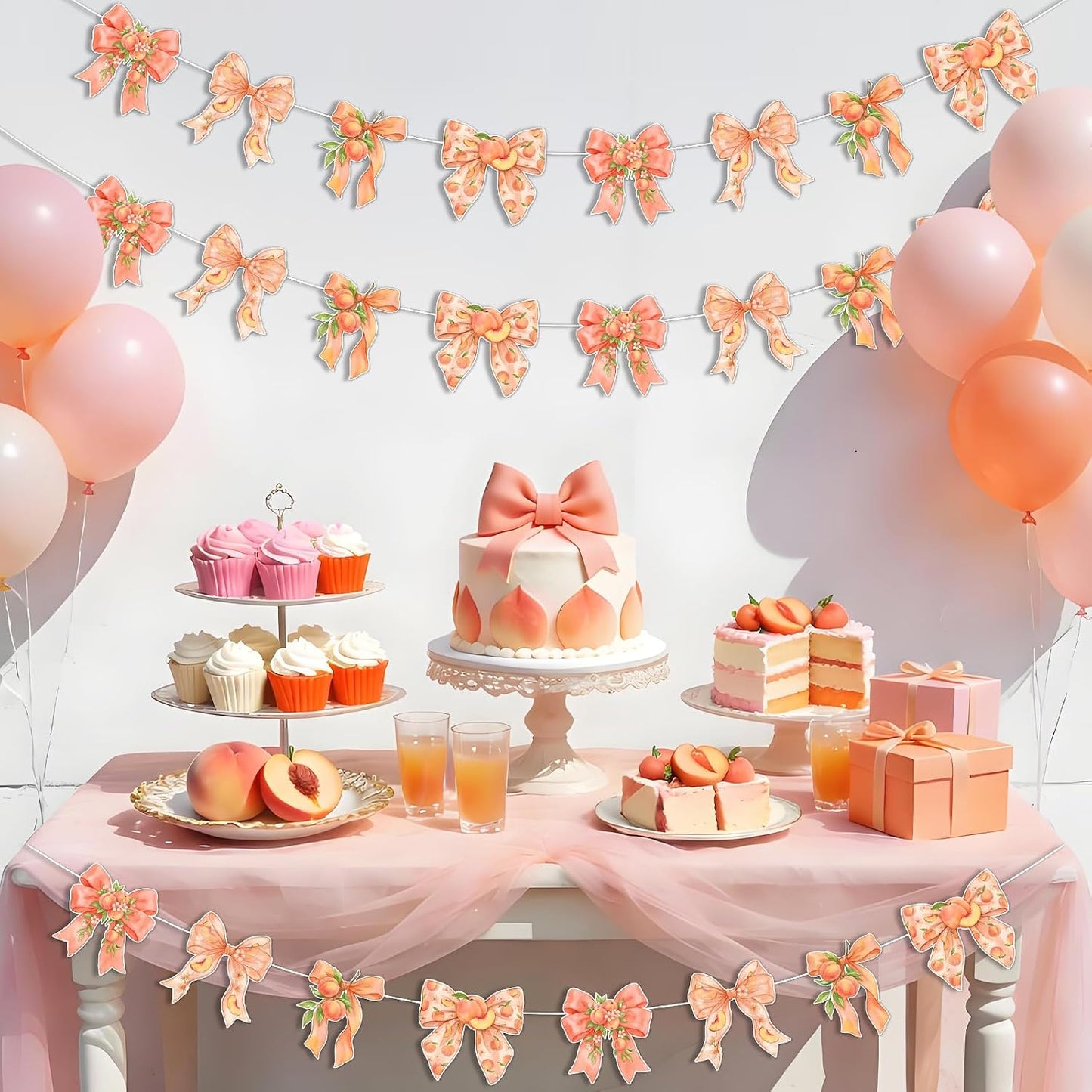 TWO WILD Bow Peach Party Decorations Garland Set for Girls Birthday Party or Baby Shower Decor, 3pcs Fruits Theme Hanging Banner for Entryway, Dessert Table, Photo Wall Decor Display Area