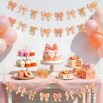 TWO WILD Bow Peach Party Decorations Garland Set for Girls Birthday Party or Baby Shower Decor, 3pcs Fruits Theme Hanging Banner for Entryway, Dessert Table, Photo Wall Decor Display Area