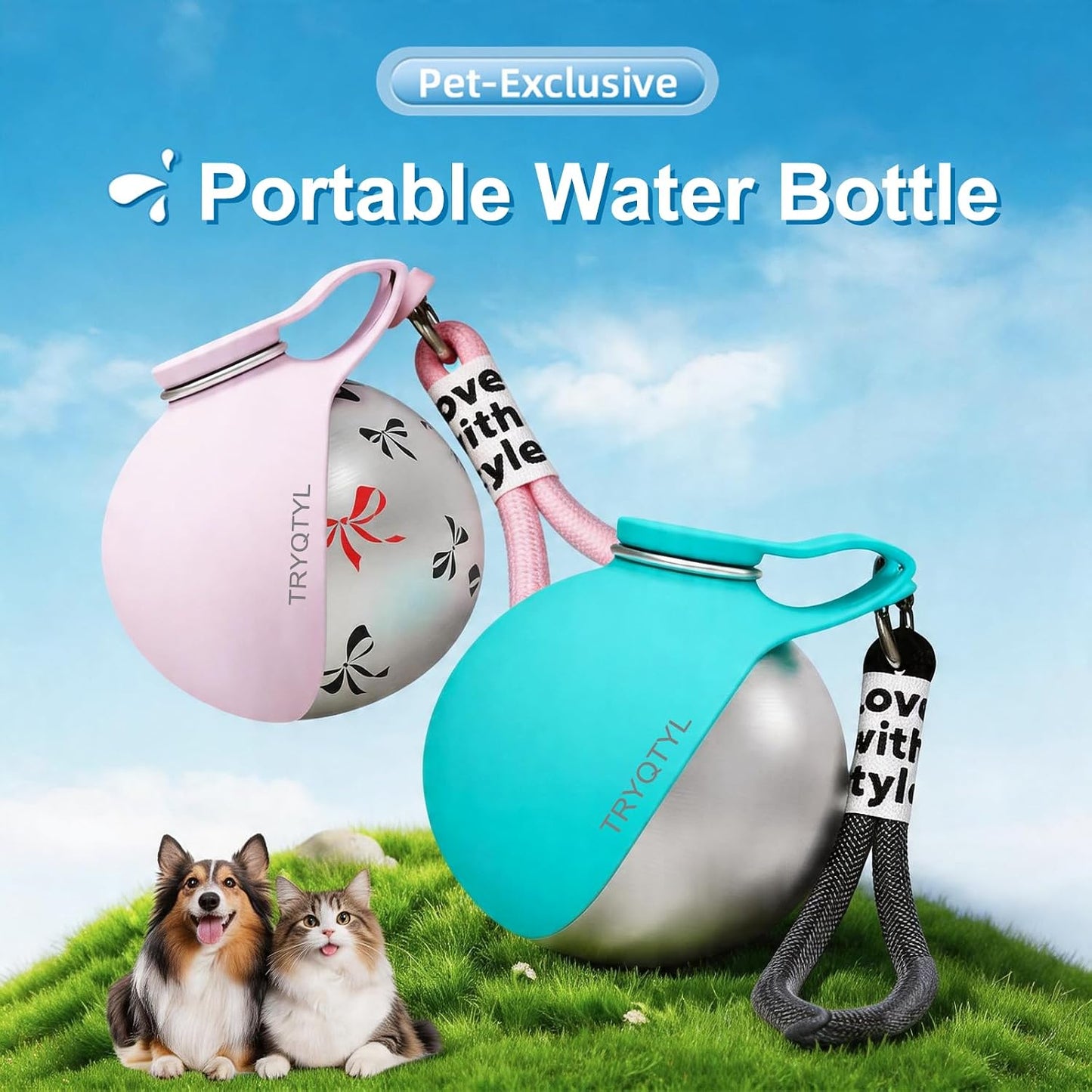 Dog Water Bottle, 10oz Stainless Steel Portable Dog Water Bottle with Foldable Silicone Bowl, 2-in-1 Portable Dog Water Bowl for Water & Food, Water Dispenser for Dogs Walking (Pink)
