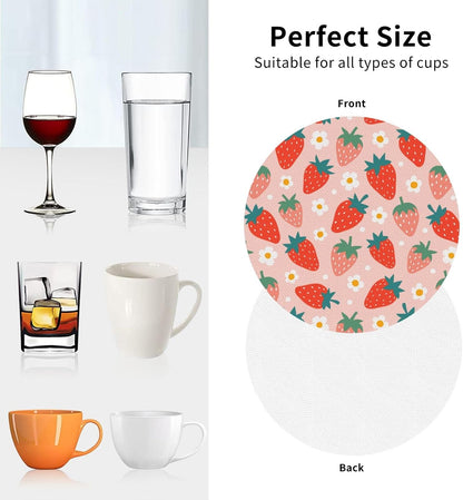 Strawberry and Flowers Cute Pink 6 Pcs Drink Coasters - Leather Coasters Set - Resistant Round Coaster Non-Slip Table Mat - Kitchen Bar Home Decor Housewarming Gift