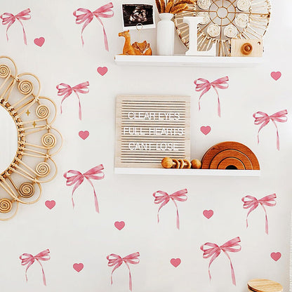 12 Sheets Bow Wall Stickers Peel and Stick Coquette Pink Bow Heart Decals for Room Nursery Boho Bedroom Dresser Playroom Living Room Windows Aesthetic Waterproof Wallpaper for Christmas Room Decor