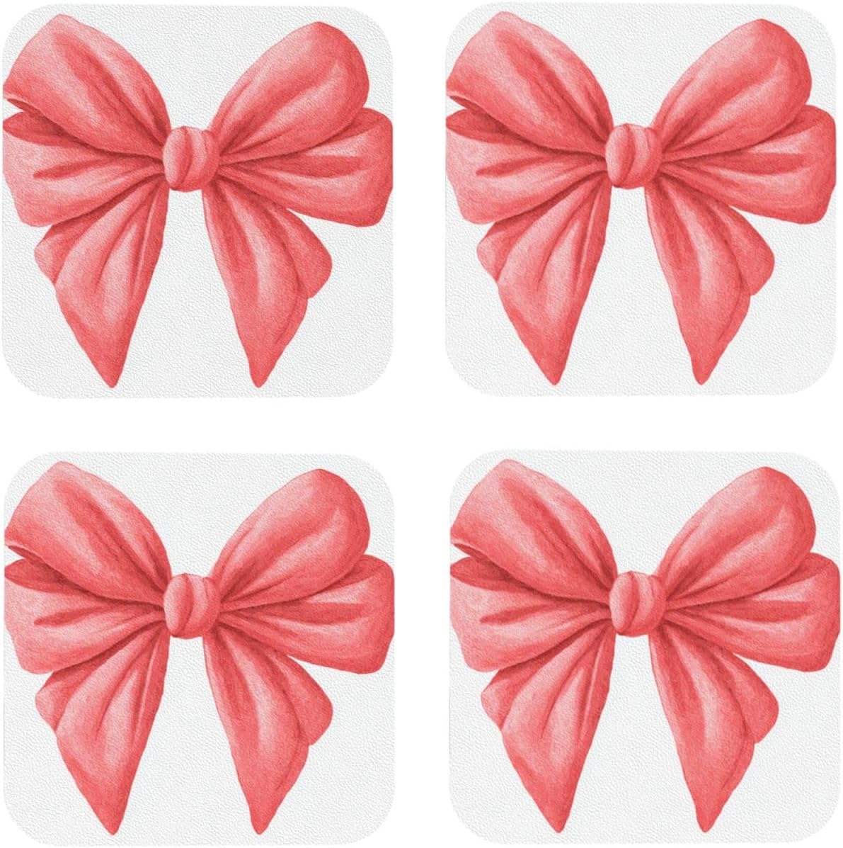 Watercolor Cute Bow Light Red and Pink Drinks Coasters Set of 4 Leather Drink Coasters for Tabletop Protection Heat Resistant Bar Cup Mat Pad