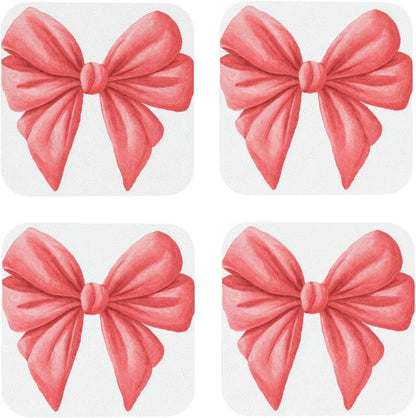 Watercolor Cute Bow Light Red and Pink Drinks Coasters Set of 4 Leather Drink Coasters for Tabletop Protection Heat Resistant Bar Cup Mat Pad