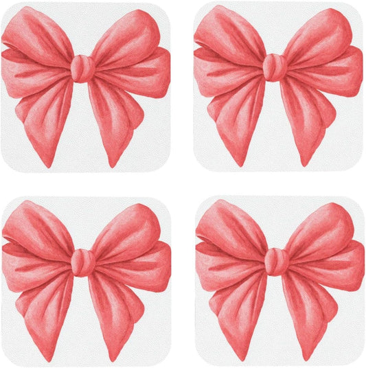 Watercolor Cute Bow Light Red and Pink Drinks Coasters Set of 4 Leather Drink Coasters for Tabletop Protection Heat Resistant Bar Cup Mat Pad