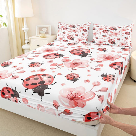Manfei Pink Flower Ladybird Fitted Sheet Twin Size,Cute Ladybug Bedding Set 2pcs,Watercolor Peach Blossom Bed Sheets with 1 Pillowcase,Kids Boys Girls Room Decor,Soft Deep Pocket Bedding(No Flat)