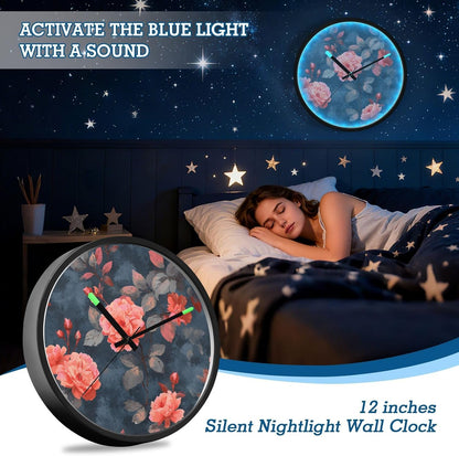 Night Light Wall Clock, Silent Non Ticking Analog Clock with LED Glow, High Transparent Acrylic Round Coral Pink Roses Wall Clocks, Battery Operated (Batteries Not Included)