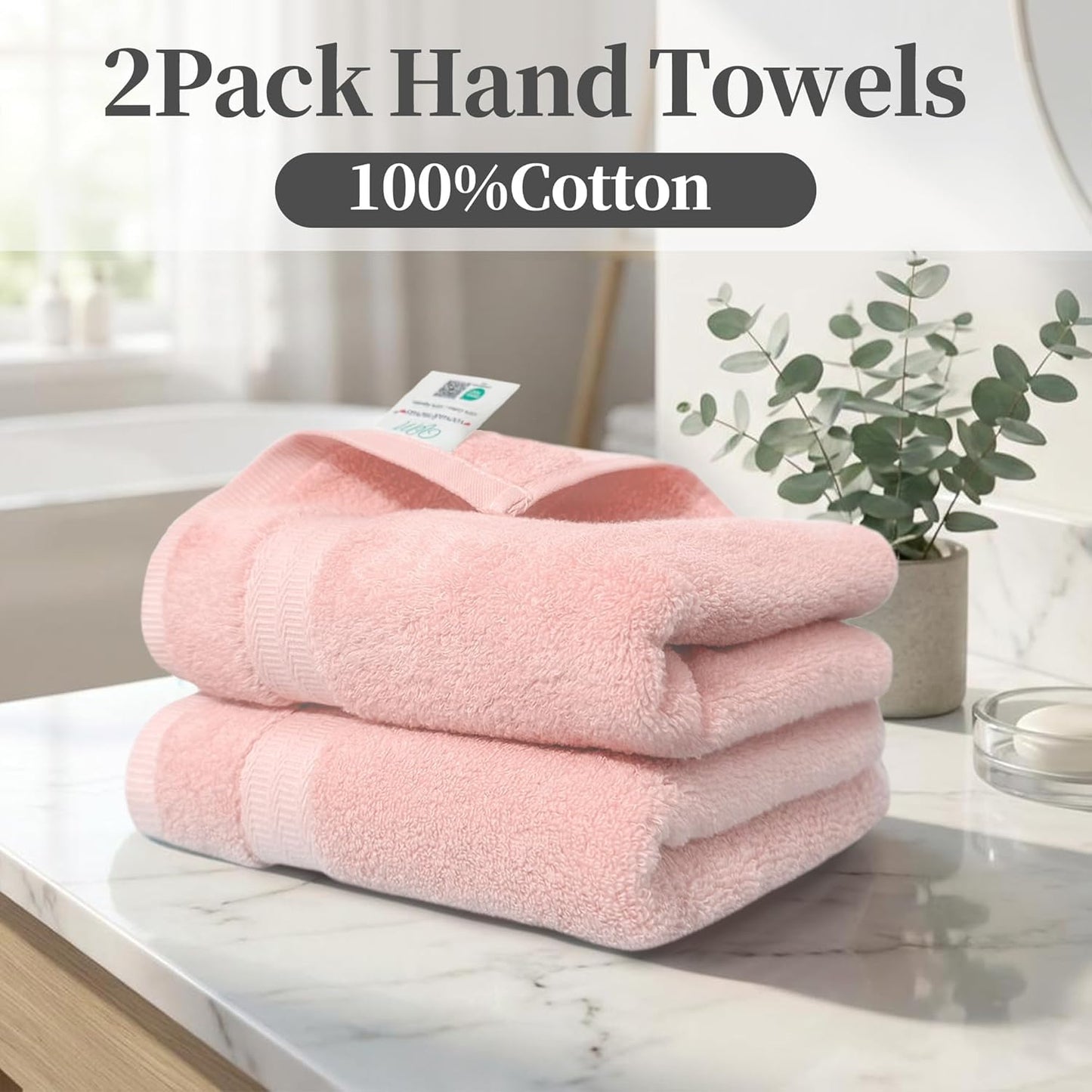 VOOVA & MOVAS Light Pink 100% Cotton Hand Towels Set of 2 with Hanging Loop (13"x29") - Lightweight, Quick Dry & Soft, Hotel Spa Quality Face Towel Set, Essential for Bathroom, Dorm, Travel & Gift