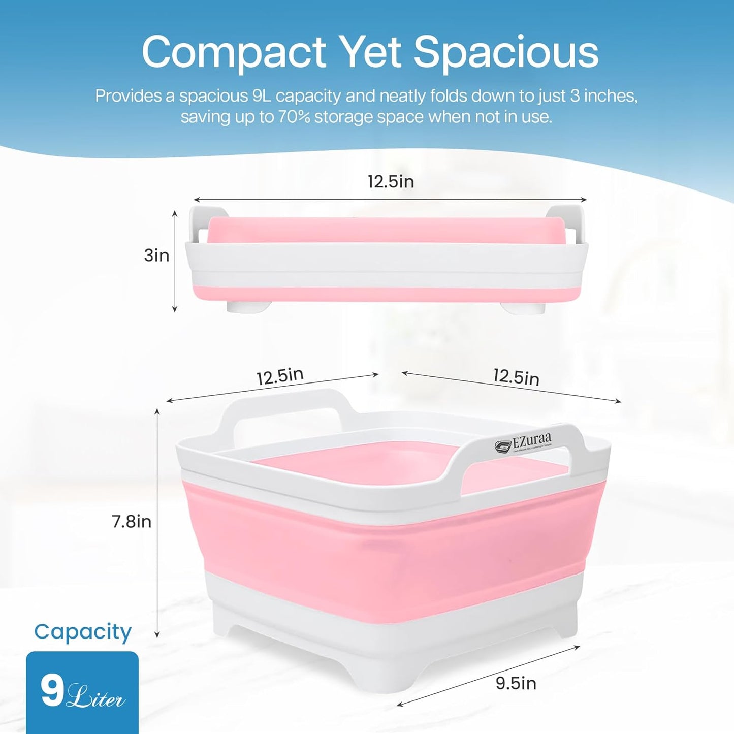EZuraa 2.4 gal(9L) Pink Collapsible Dish Basin, Portable Sink or Dish Pan for Kitchen Sink with Drain Plug/Strainer, Space Saving Baby Bottle Wash Basin Collapsible Bucket, Beverage Tub for Camping